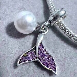 Silver Tone Mermaid Tail Charm Bead Purple Crystal Pearl Dangle Bracelet Jewelry